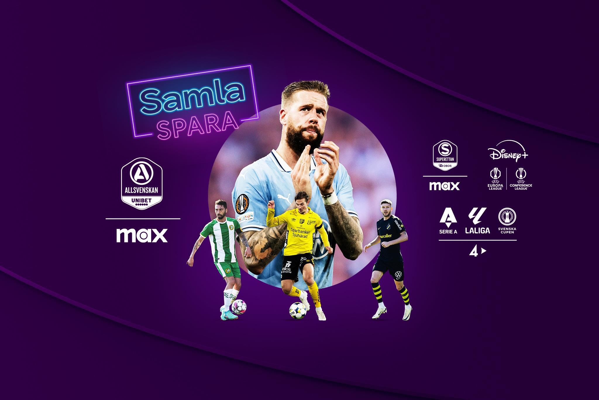 Max, Disney+ och TV4 Play logotyper med dess ligor tillsammans med några aktuella fotbollspelare. Streama Allsvenskan och Superettan på Max, Serie A, La Liga och Svenska Cupen på TV4 Play och Europa League och Conference League på Disney+.